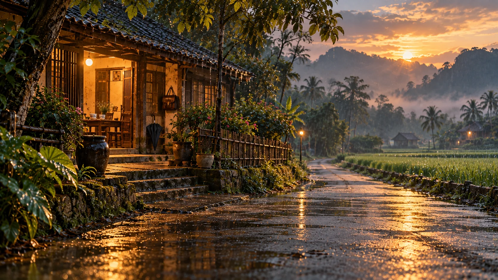 AI-created Vietnamese family home glowing at sunset