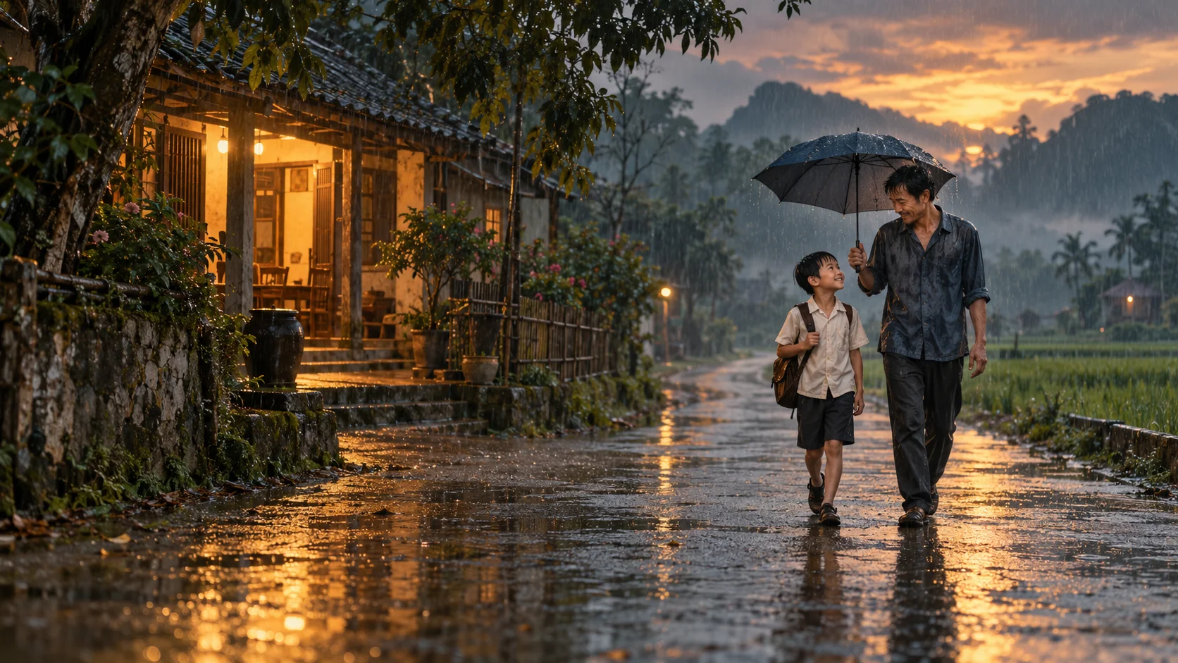 AI film scene of a father sheltering his child from rain